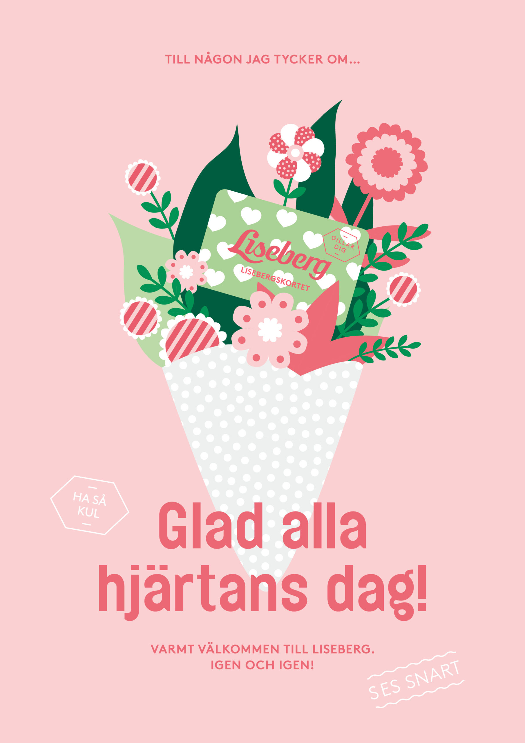 Vektorillustration med alla hjärtans dag-tema, en blombukett med Lisebergs årskort i mitten.