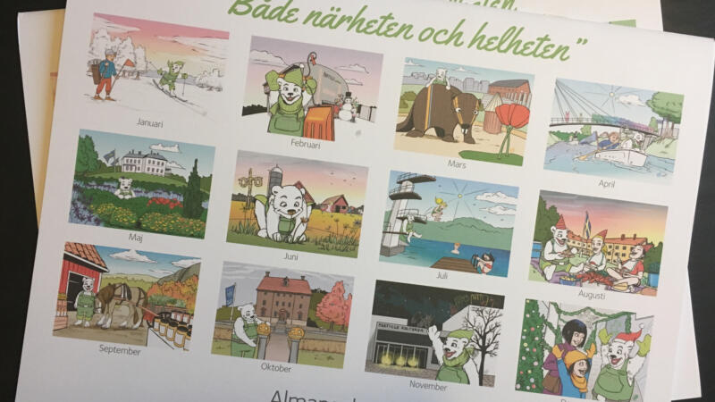 tolv motiv med partillebos maskot en vit björn på olika platser i Partille