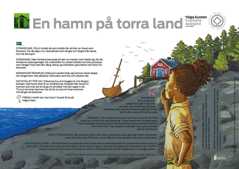 På bilden syns en flicka som tittar på kustlinjen som har blivit lägre, med en båt och en hus på land. Sten och skog i bakgrunden. Färgmålning.