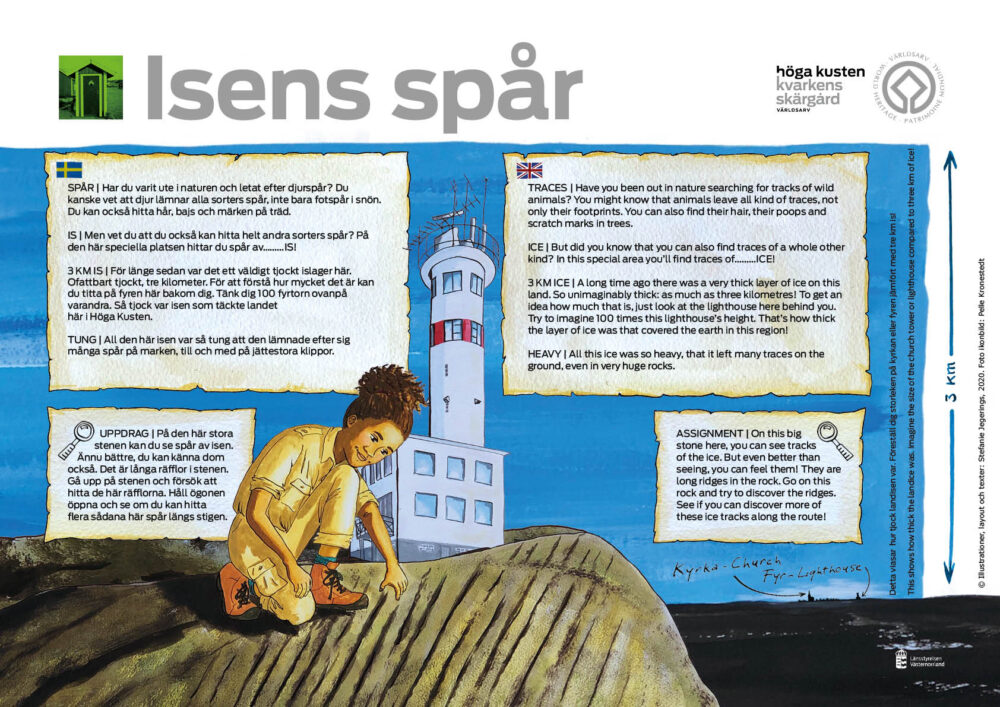 Färgmålning av en flicka som tittar på en stor sten med en fyr i bakgrunden.