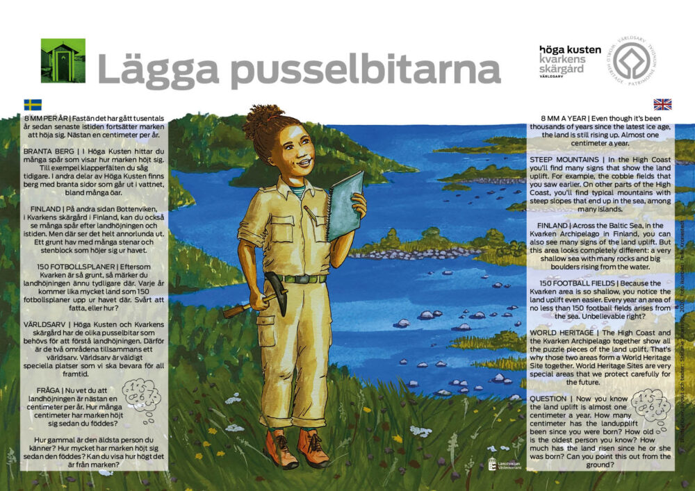 En färgmålning på en flicka med en anteckningsbok och en arkeolog hammare i handen, skärgården i bakgrunden.