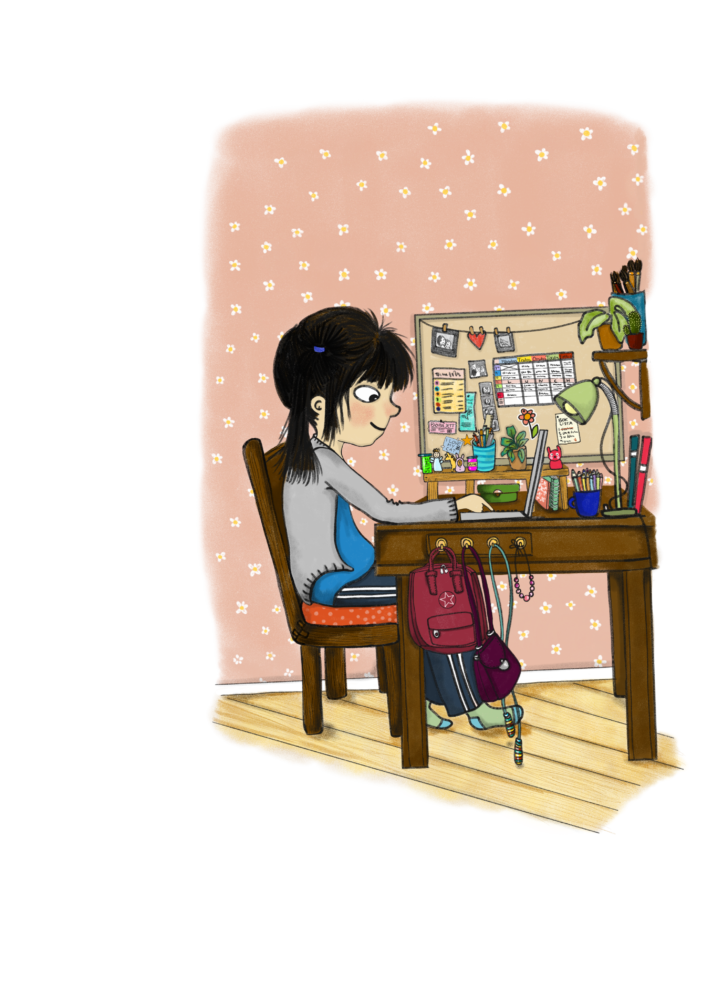 läxläsning, plugga, egen arbetsplats, flicka läser läxorna vid sitt skrivbord, bild ur läromedlet Jag lär mig svenska 
