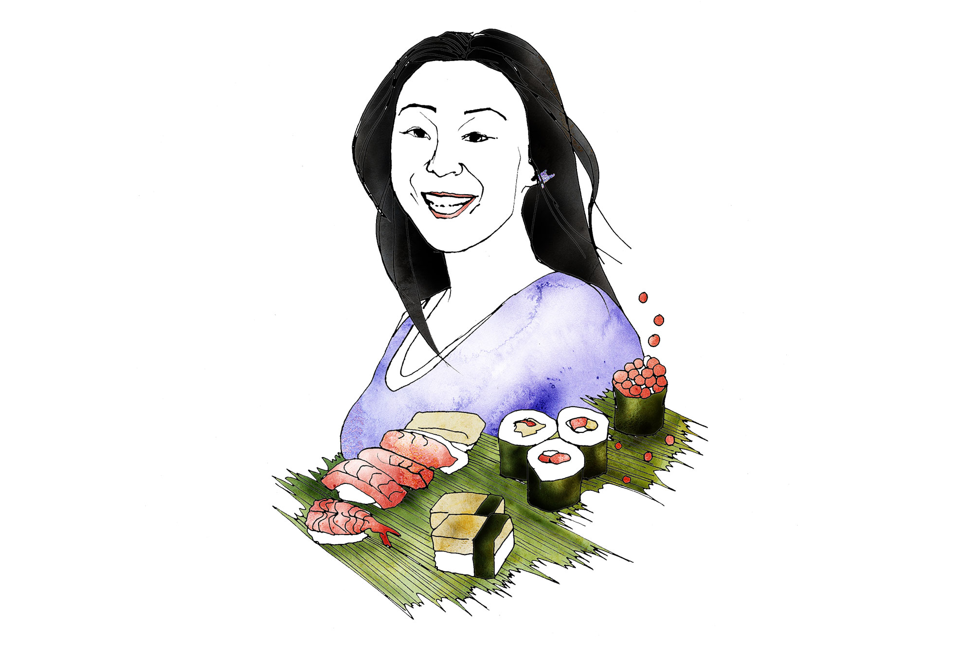 Illustration av asiatisk kvinnligt med sushi