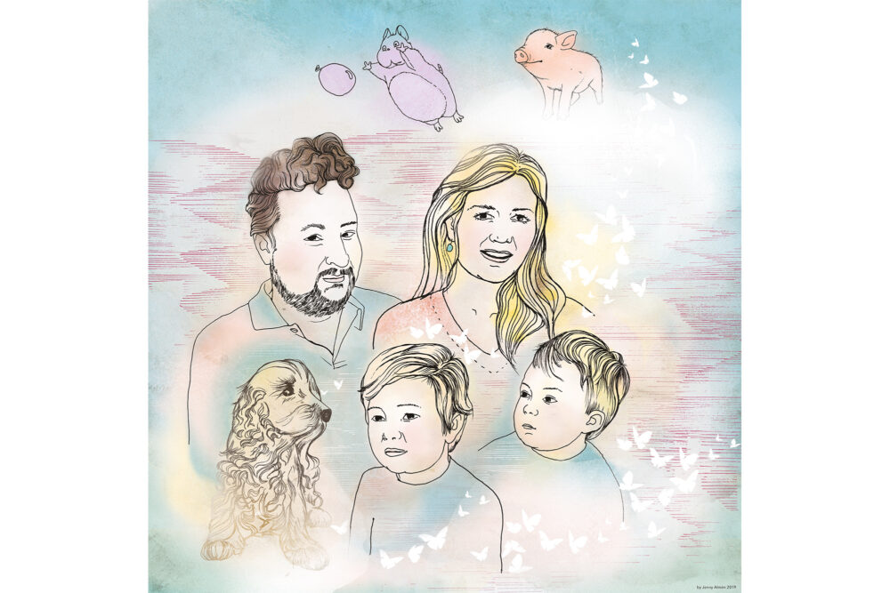 Illustration av föräldrar, barn och husdjur som ett familjeporträtt