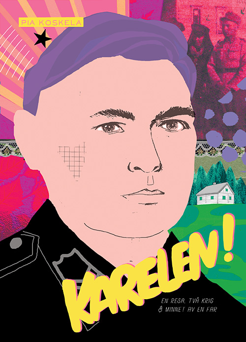 Ett tecknat porträtt föreställande edn ung soldat som tittar snett fram. Bakom honom, i collagestil sýns en gammal gård och skog. Ovanför till höger är ett foto på soldaten och en kvinna i sorgdräkt. Ovan till vänster om  porträttet är strålar. Rubriken är Karelen, en resa, två krig och minnet av en far.