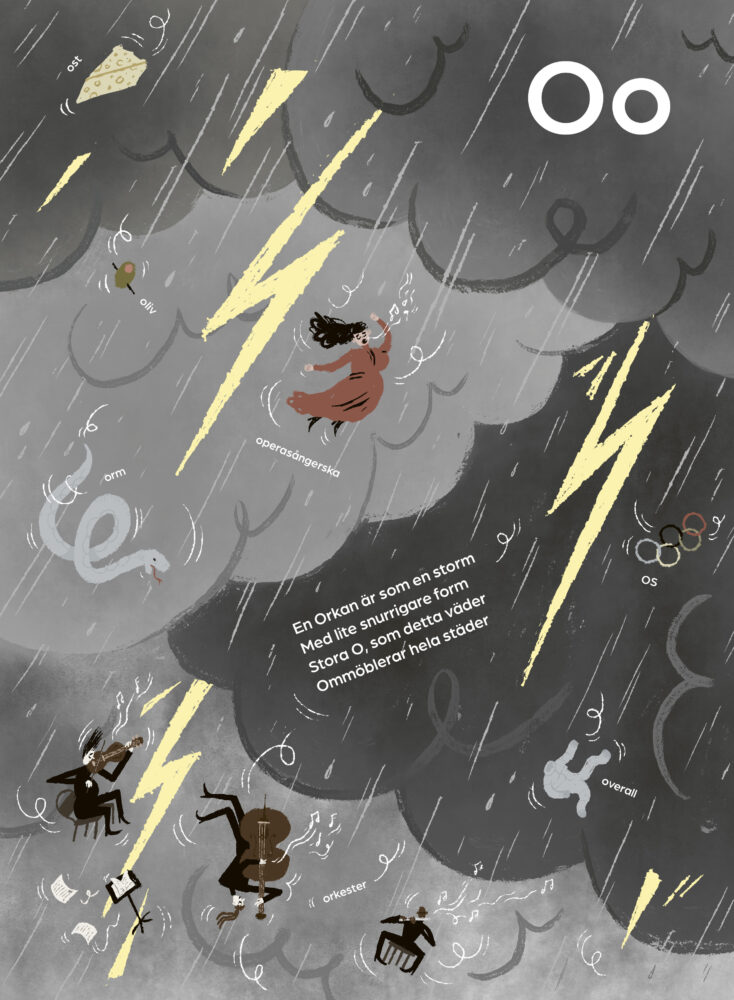 BIlderboksillustration med en storm, och olika saker på o som flyger runt i de mörka molnen. En orkester, en ost, OS, en oliv och en operasångerska. 