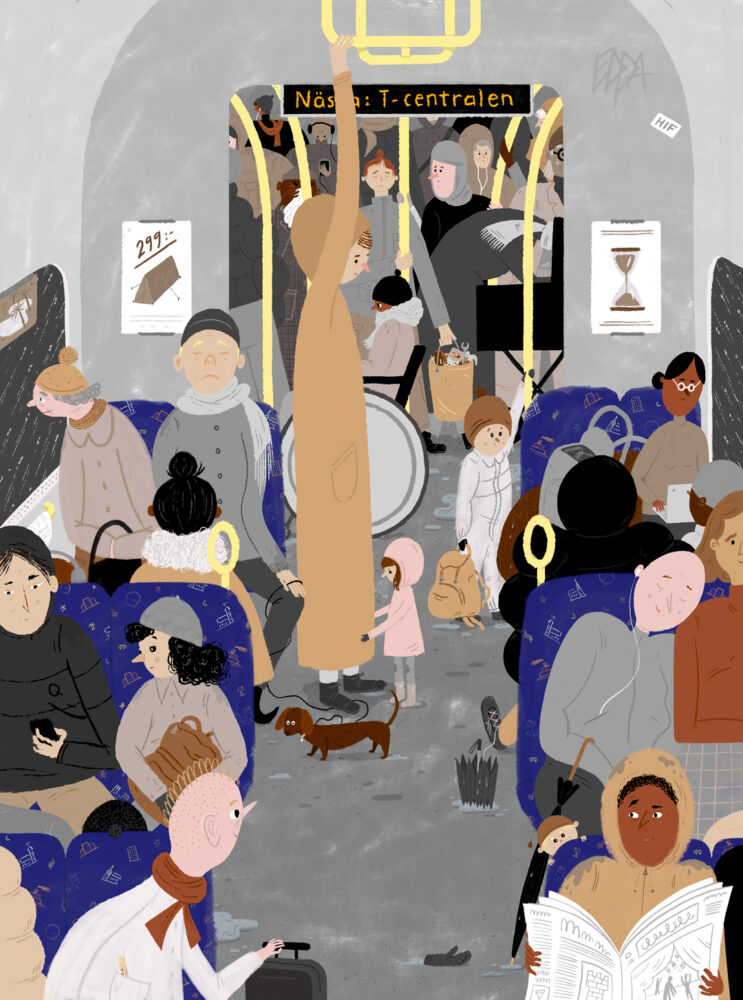 Bilderboksillustration av Stockholm tunnelbana och massa blöta pendlare en slaskig höstdag.