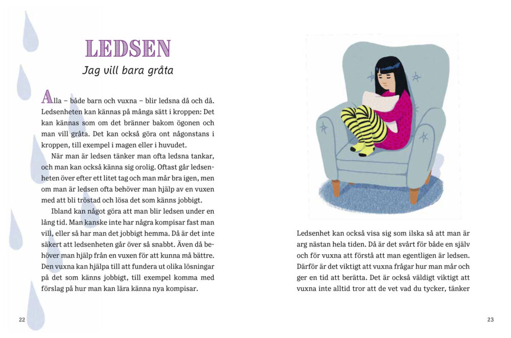 Bokuppslag med kapitelinledning. Illustrationer på fallande tårar samt ledsen flicka uppkrupen i fåtölj.