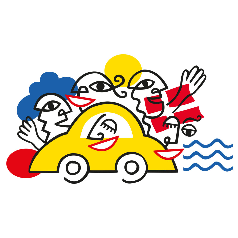 Naiv illustration av en ul bil med fem glada vinkande passagerare vars ansikten syns genom bilrutan och över biltaket