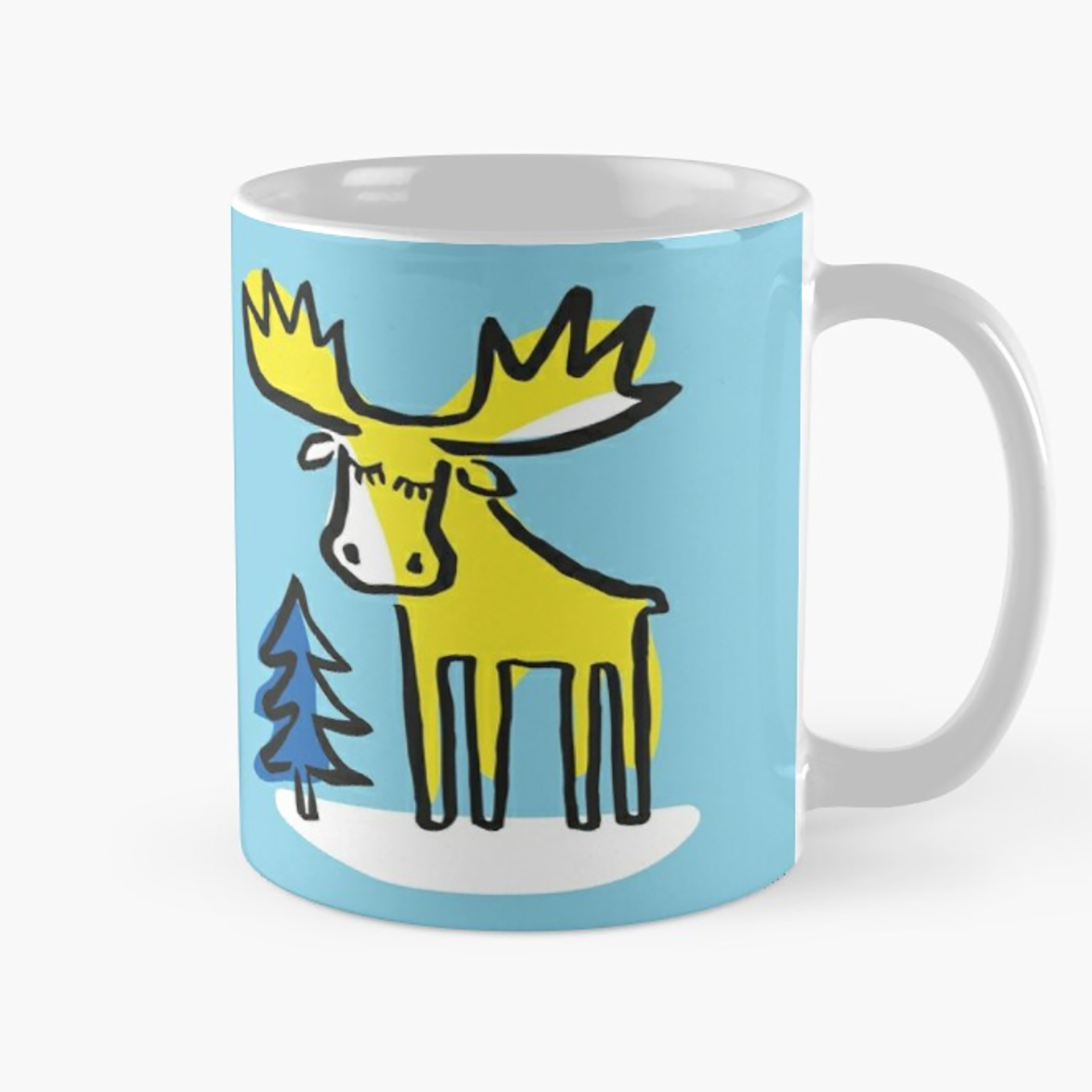 Mugg med en gul vänlig, lite barnslig älg på ljublå bakgrund.