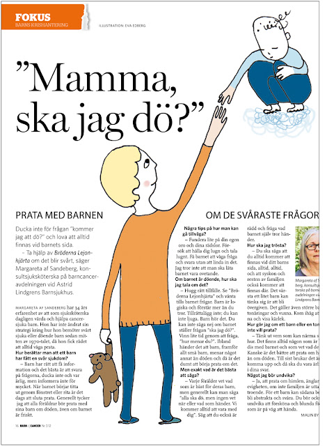 Barn & Cancer, redaktionell illustration av Eva Edberg till Fokus sidan. Omvårdnad, omsorg. Collage, en enkel linjeillustration, subtilt tecknad och lättsam känsla om svåra saker där barn frågar en vuxen "Mamma, ska jag dö nu". www.evaedberg.se
