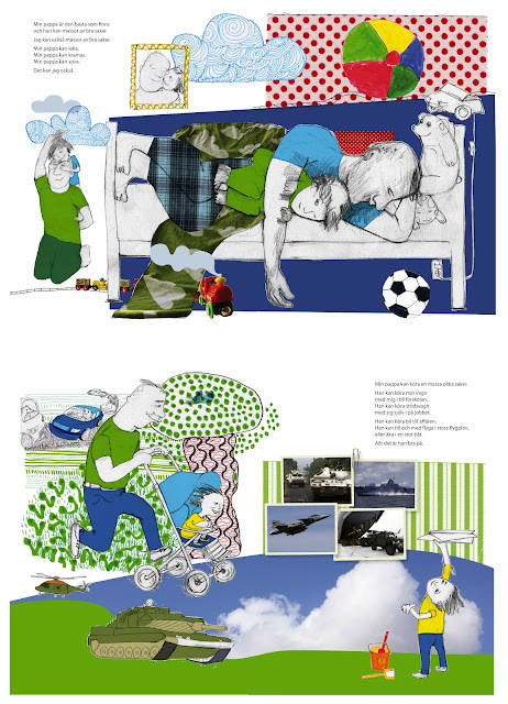 Eva Edberg illustrerar barnbok till försvarsmakten. Collage med foto, blyerts och tusch. När jag lånar ut pappa till landet osams och När jag lånar ut mamma till landet osams. Författare Torbjörn Engelkes