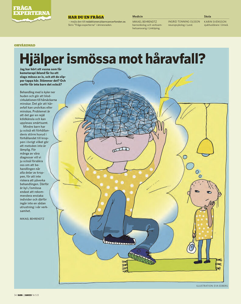Barn & Cancer, redaktionell illustration av Eva Edberg till Expertsidan. Omvårdnad, omsorg. Collagebild med smärta och hjärna, tankar om håravfall. www.evaedberg.se