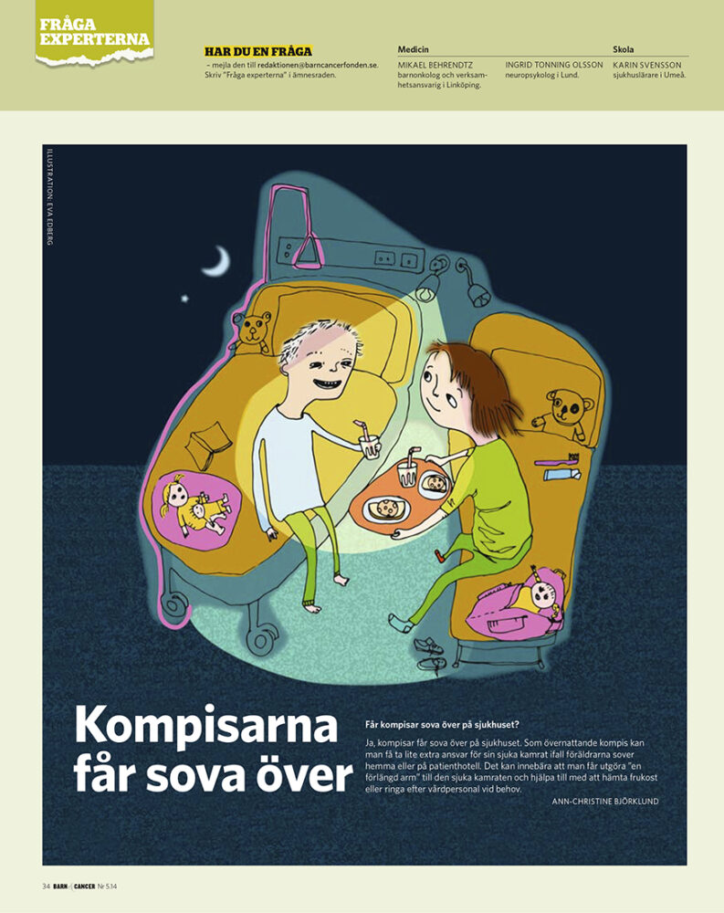 Barn & Cancer, redaktionell illustration av Eva Edberg till Expertsidan. Omvårdnad, omsorg. Collagebild med sjukhus och kompisar, vänner, besök. www.evaedberg.se