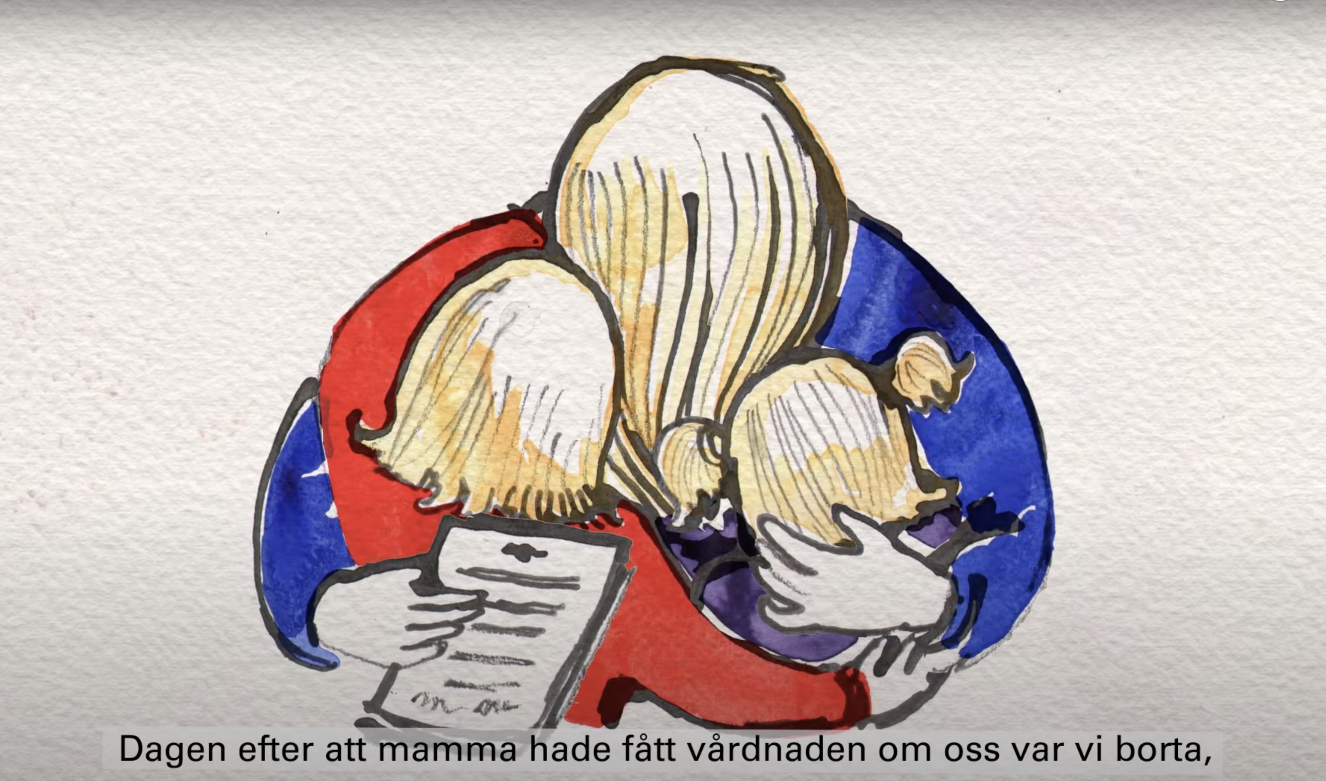 Målad illustration av en mamma som omfamnar två barn och håller ett brev från en myndighet