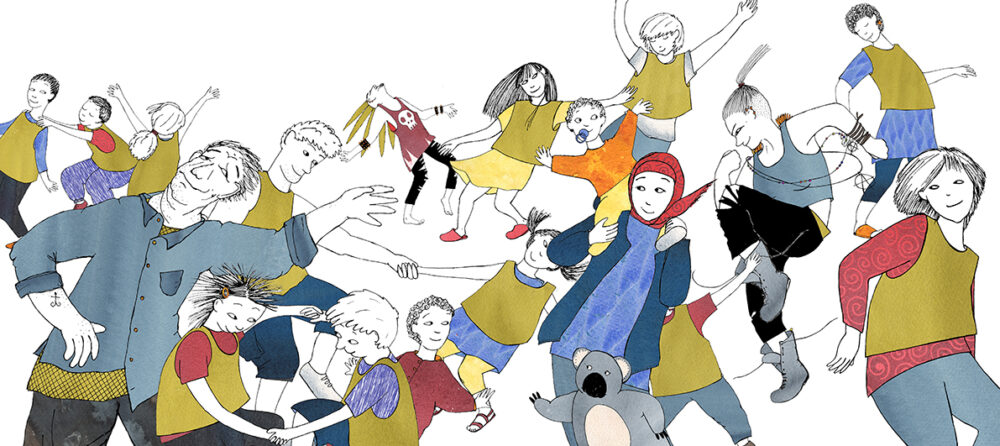 Massor av människor som dansar på torget. det är förskolebarn, vuxna, tuffa ungdomar och fullegubbar huller om buller - alla dansar för det är fest.