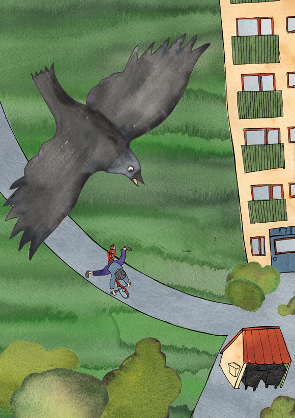 En flygande kaja som vakar över ett barn på cykel. Höghus, soprum, asfalt och sommargrömska, barnet har hjälm och det är tur för nu välter hen snart!