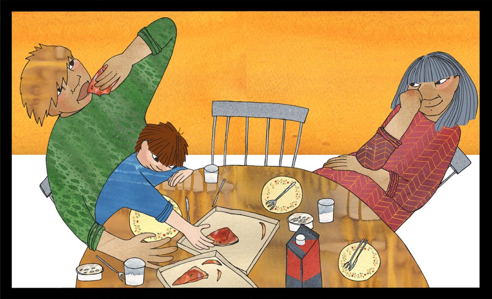 En äldre kvinna och en äldre man, mormor, morfar äter pizza tillsammans med barnbarnet de båda älskar. Pizzan är nästan slut, mormor tittar kärleksfullt på morfar.
