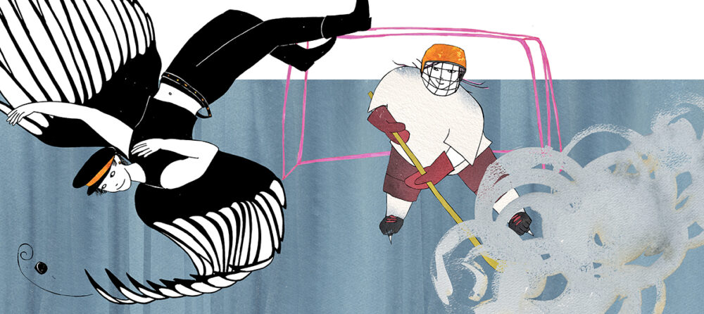 Flickan är målvakt i hockey och mamma spelar med henne. Kanske fuskar hon? Det yr om isen och flickan tittar kaxigt rakt på oss genom sitt ansiktsskydd.