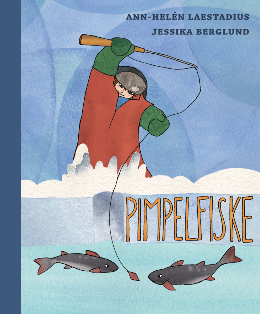 Vinterklädd pojke som fiskar röding. Isen är tjock, det är snö, han har ett pimpelspö. Snart får han napp.