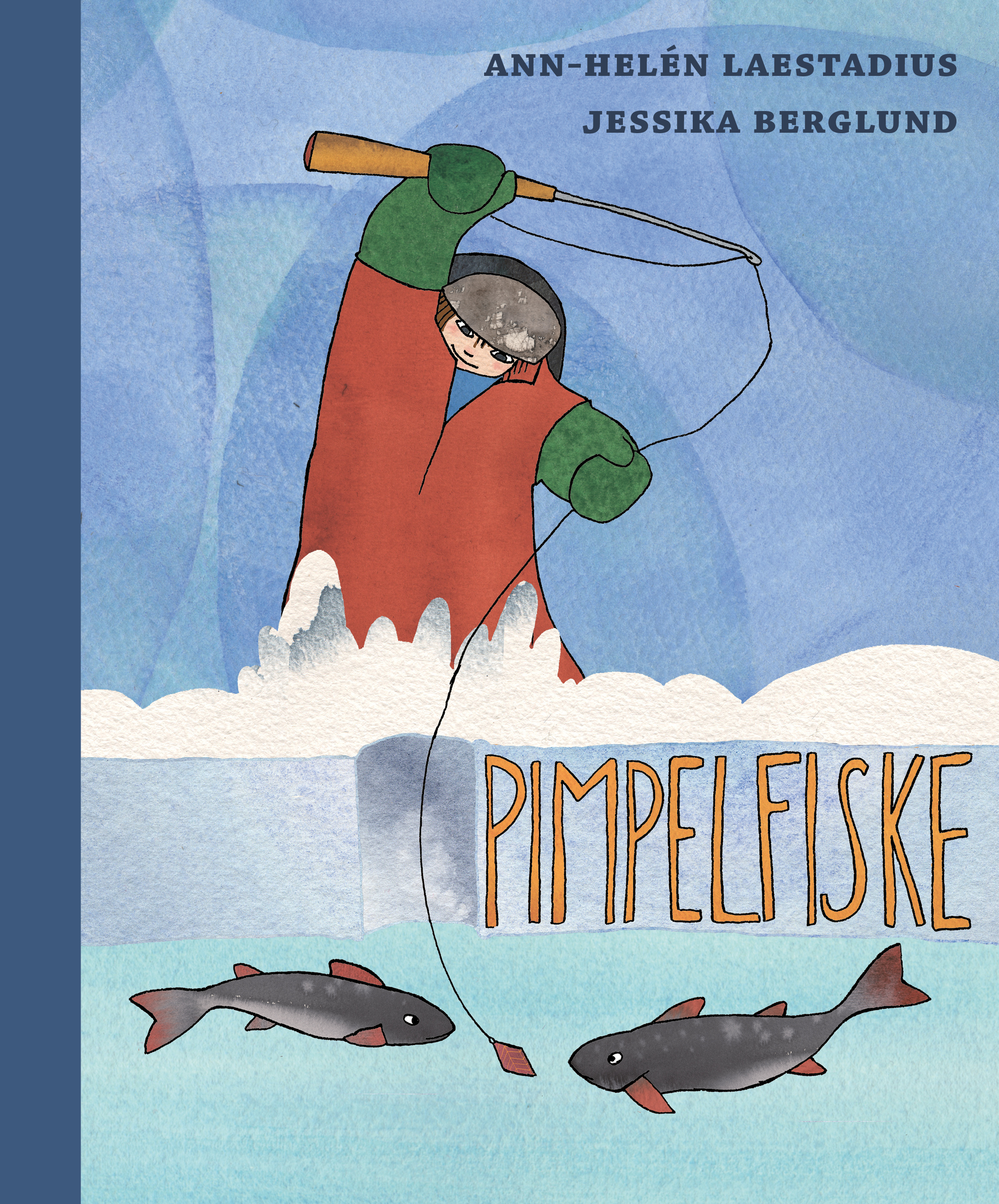 Vinterklädd pojke som fiskar röding. Isen är tjock, det är snö, han har ett pimpelspö. Snart får han napp.