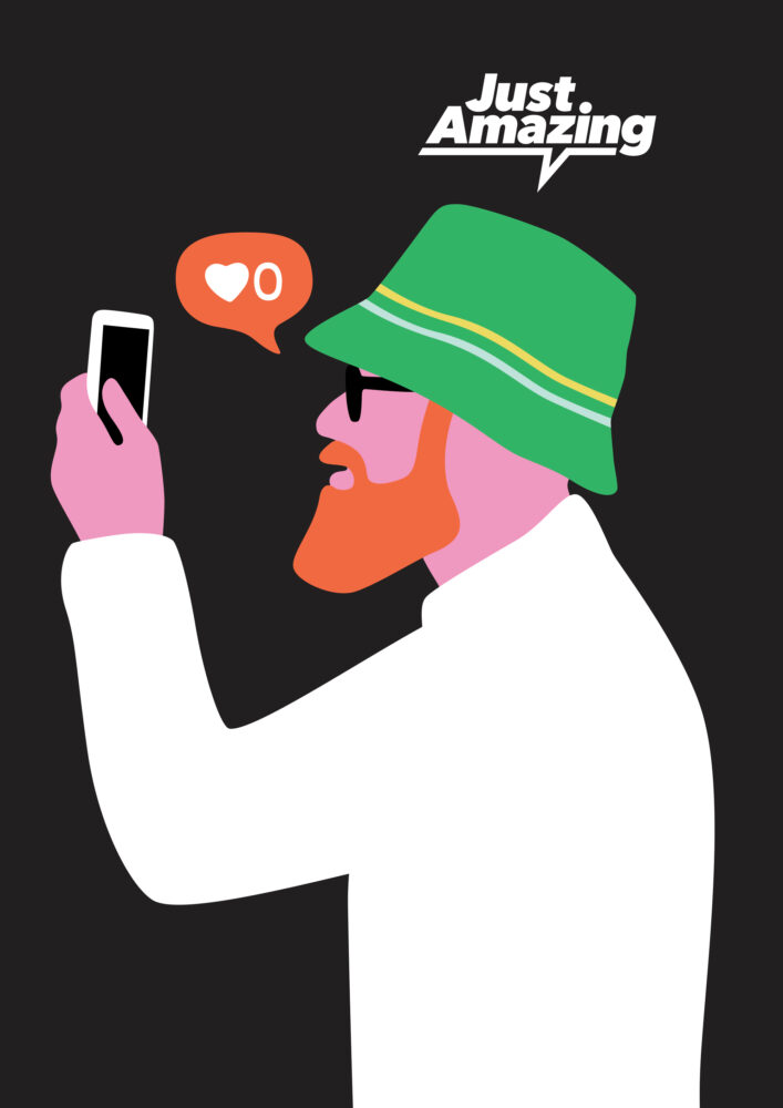 Man med skägg, hipster, som tittar efter likes i sin iPhone 