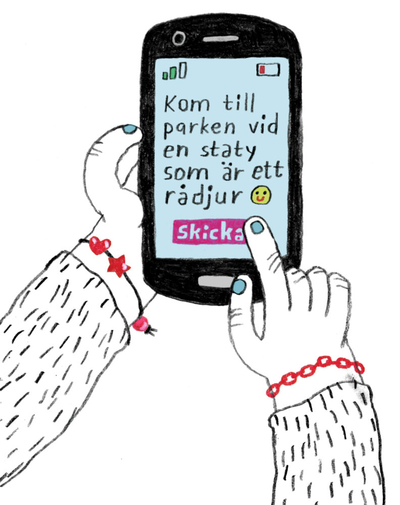 Illustration till sagan Snövit och de sju sjuksköterskorna föreställande ett barns händer som skriver ett meddelande på en telefon.