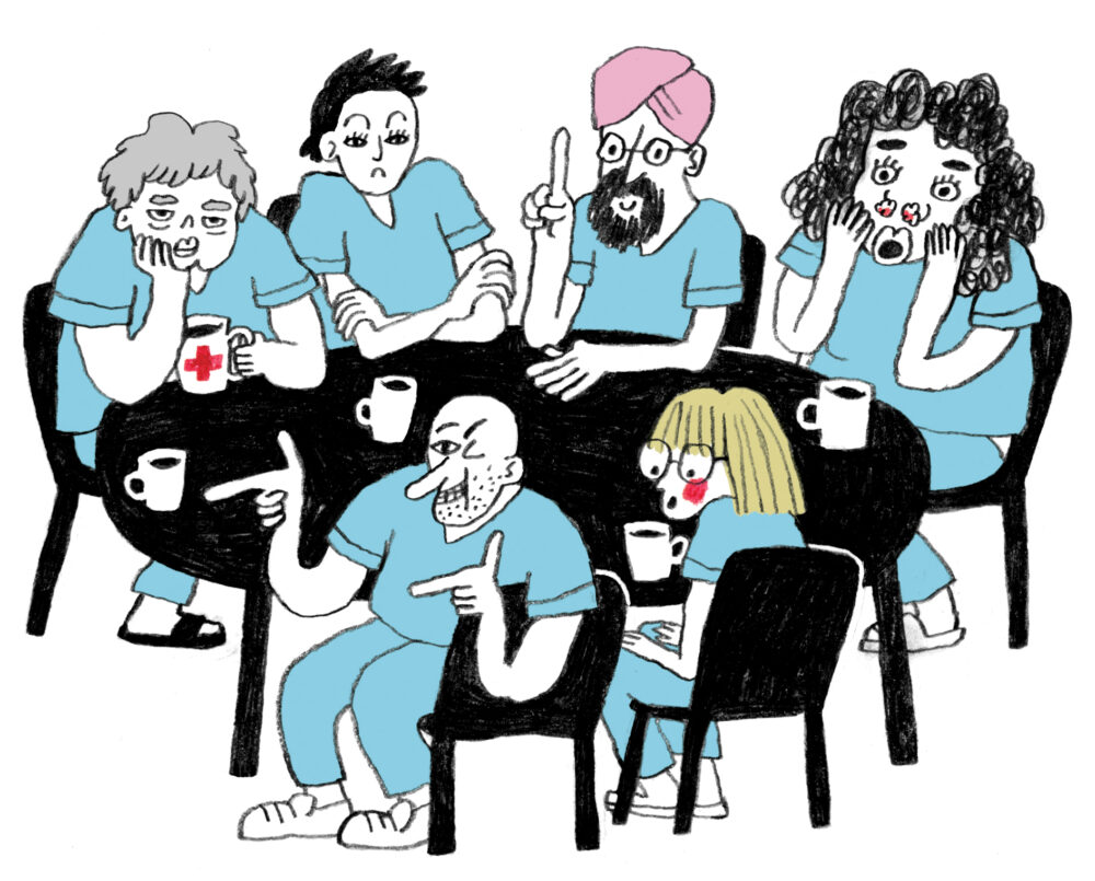 Illustration till sagan Snövit och de sju sjuksköterskorna föreställande sex sjuksköterskor med utpräglade personligheter.