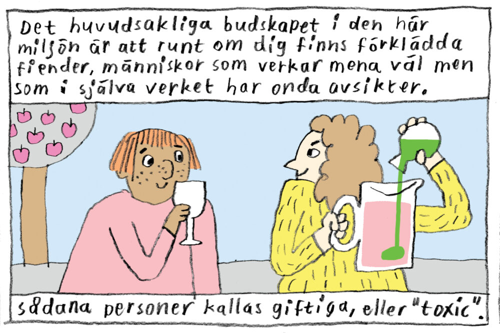 Humoristisk bild av en kvinna som häller gift i en annan kvinnas dryck
