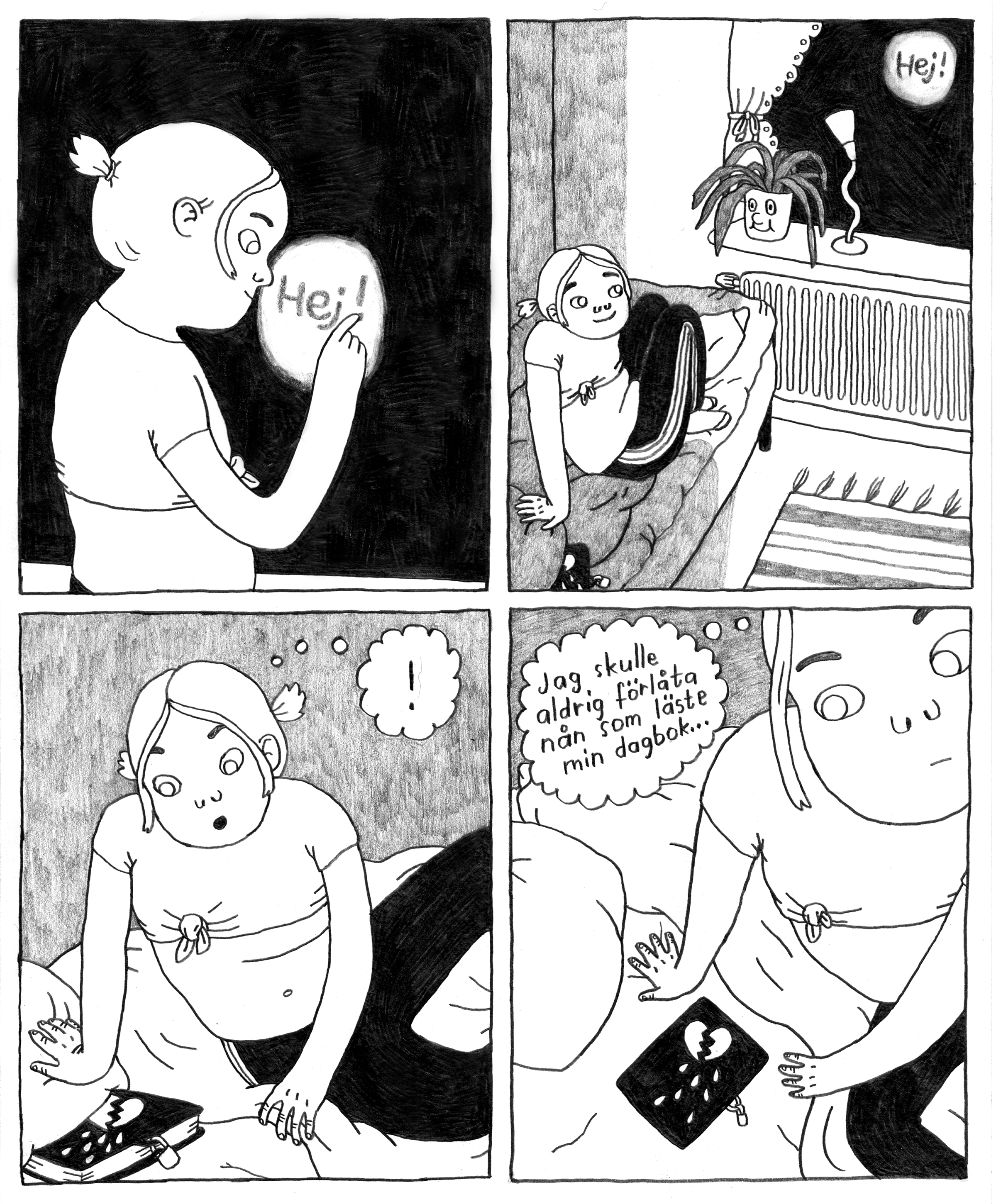 Seriesida i gråskala som föreställer en flicka som sitter på en säng och upptäcker en dagbok