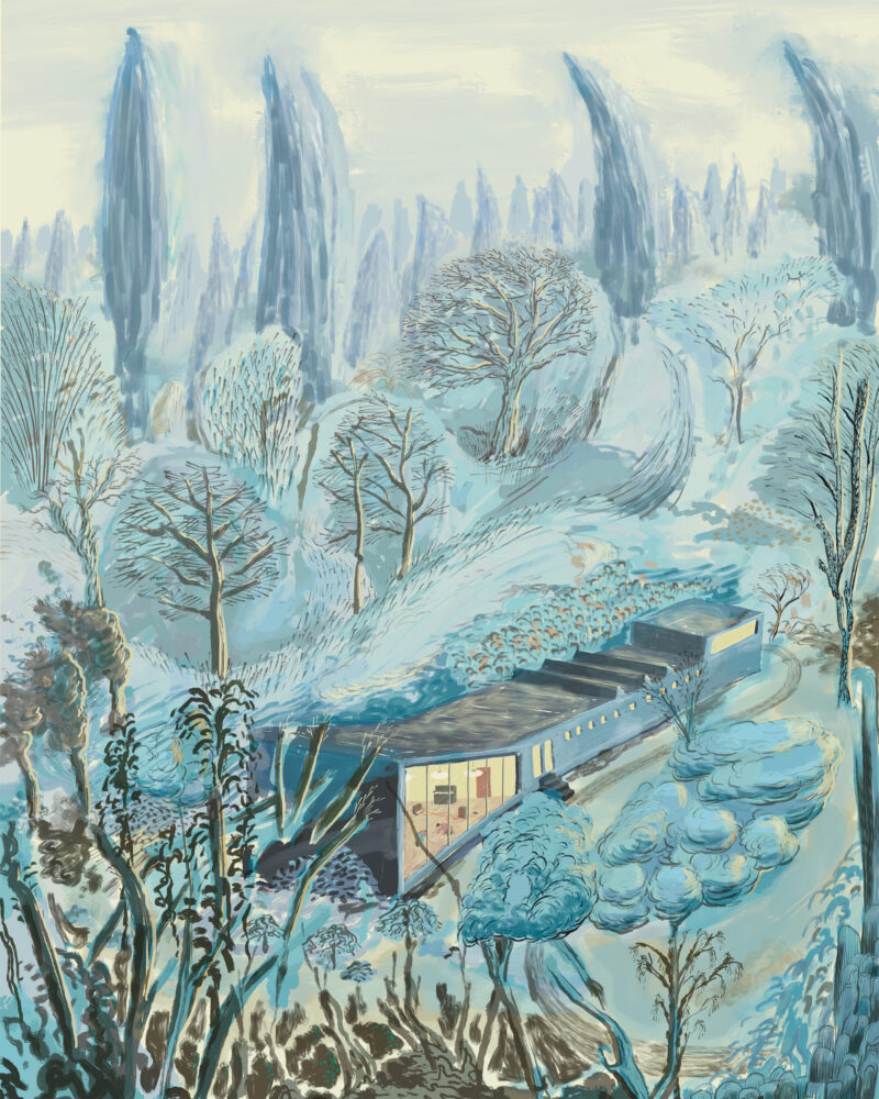 Colourful illustration of school building in snowy landscape.