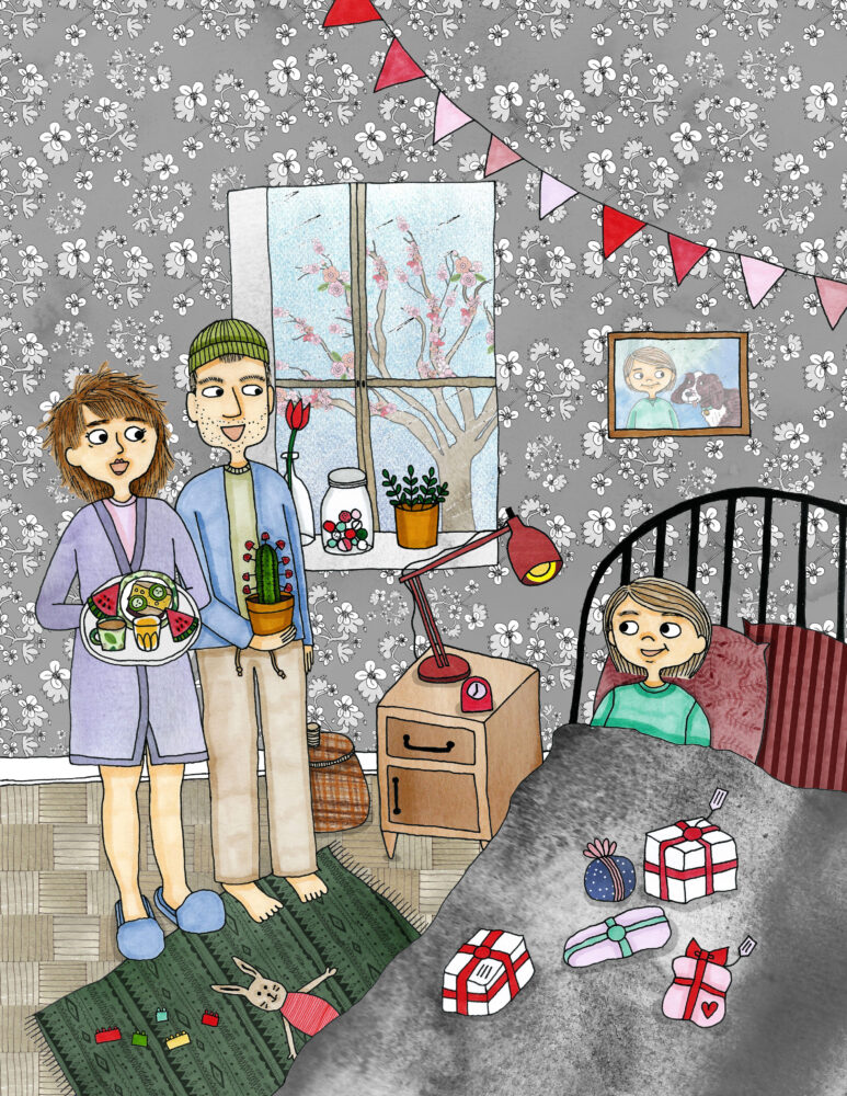 Illustration av ett barn som blir grattat på sängen på sin födelsedag. Mamma och pappa står och sjunger med frukostbricka och godiskaktus i handen. 