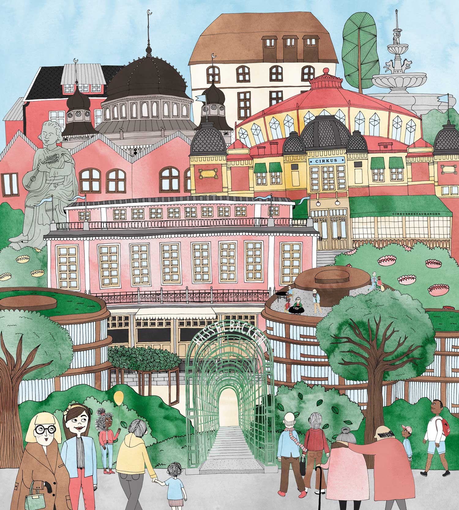 Illustration i tusch och akvarell av folkvimmel, stadsmiljö och grönska från Djurgården i Stockholm. Detaljer och byggnader som Cirkus, Bellman-staty och Hotell Hasselbacken är med.