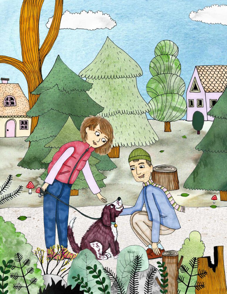 En kvinna och en man på en stig i skogen med hus i bakgrunden. De hälsar på en hund.