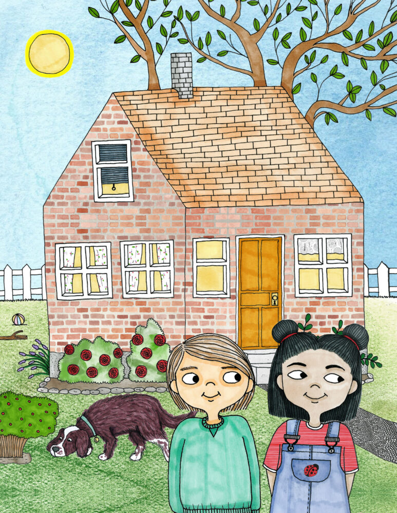 Två barn ser luriga ut och i bakgrunden går en hund och letar efter något. I bakgrunden syns även ett stort tegelhus, blå himmel och grön trädgård med rosenbuskar.