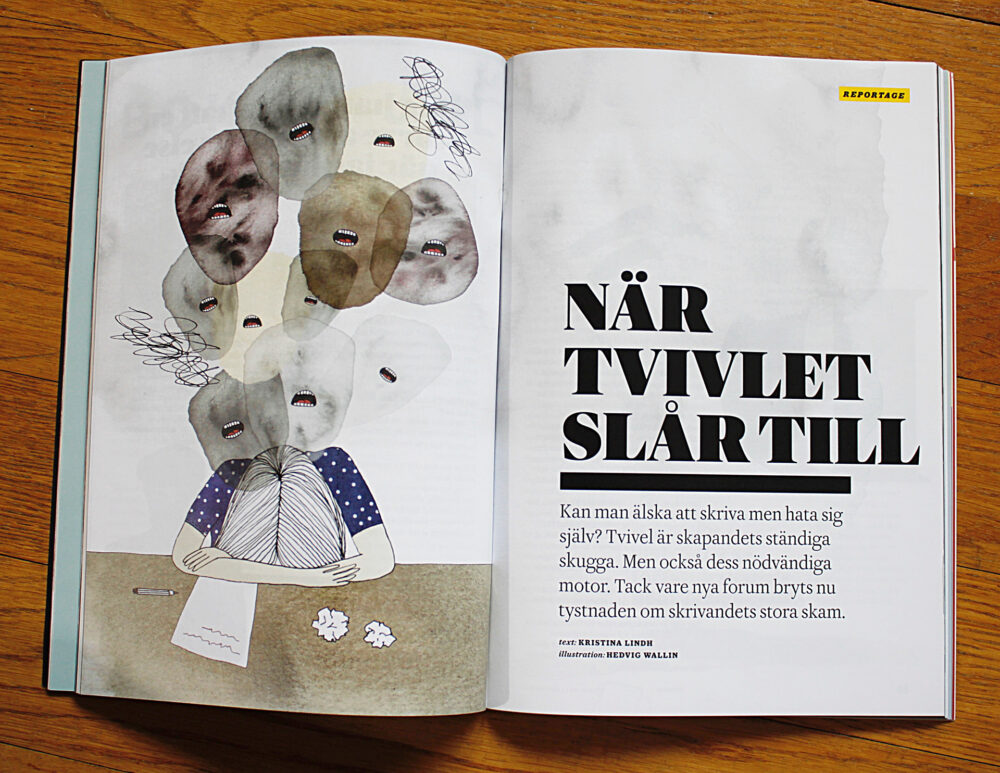 Illustration av en person med huvudet lutat mot armarna, omgiven av molnliknande former med skrikande munnar och klotter.