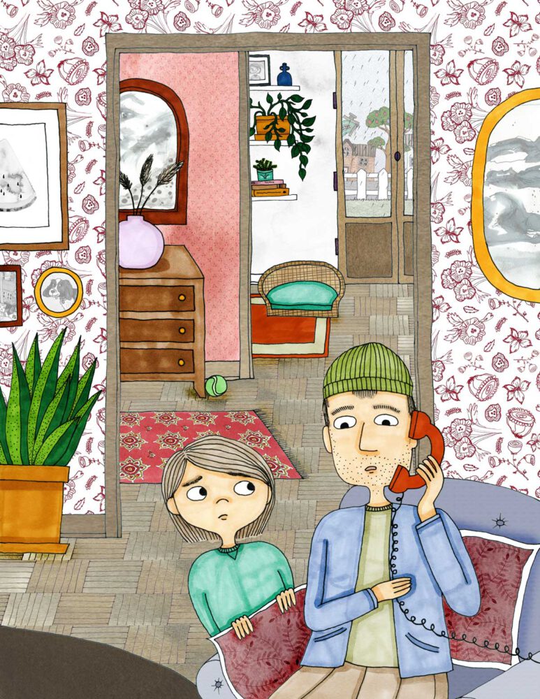 Illustration av ett barn och en pappa inomhus. Pappan pratar i telefon. De ser oroliga ut.