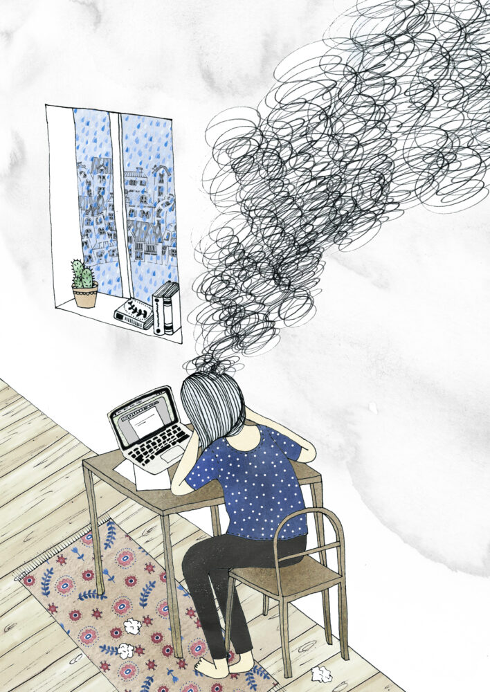 Illustration av en person som sitter och skriver på sin laptop. Från huvudet bubblar det ett orosmoln av klotter och en enda röra.