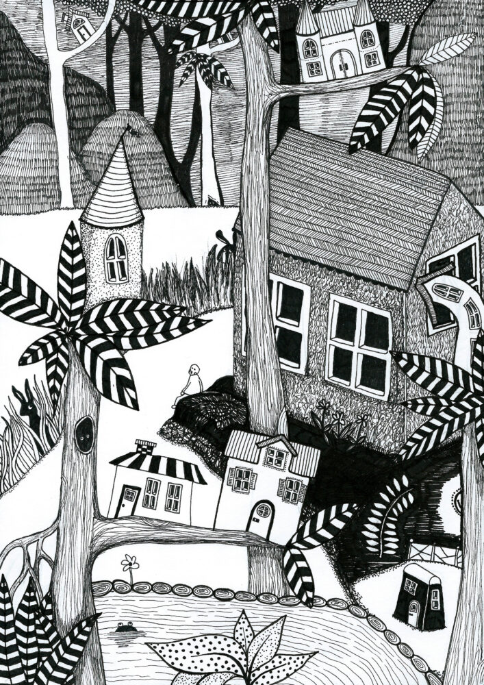 En stuga och andra fantasifulla hus mitt i en skog. Illustration i tusch med mycket detaljer, t.ex. en hare, prickiga blad, en groda i en damm och andra nyfikna varelser.