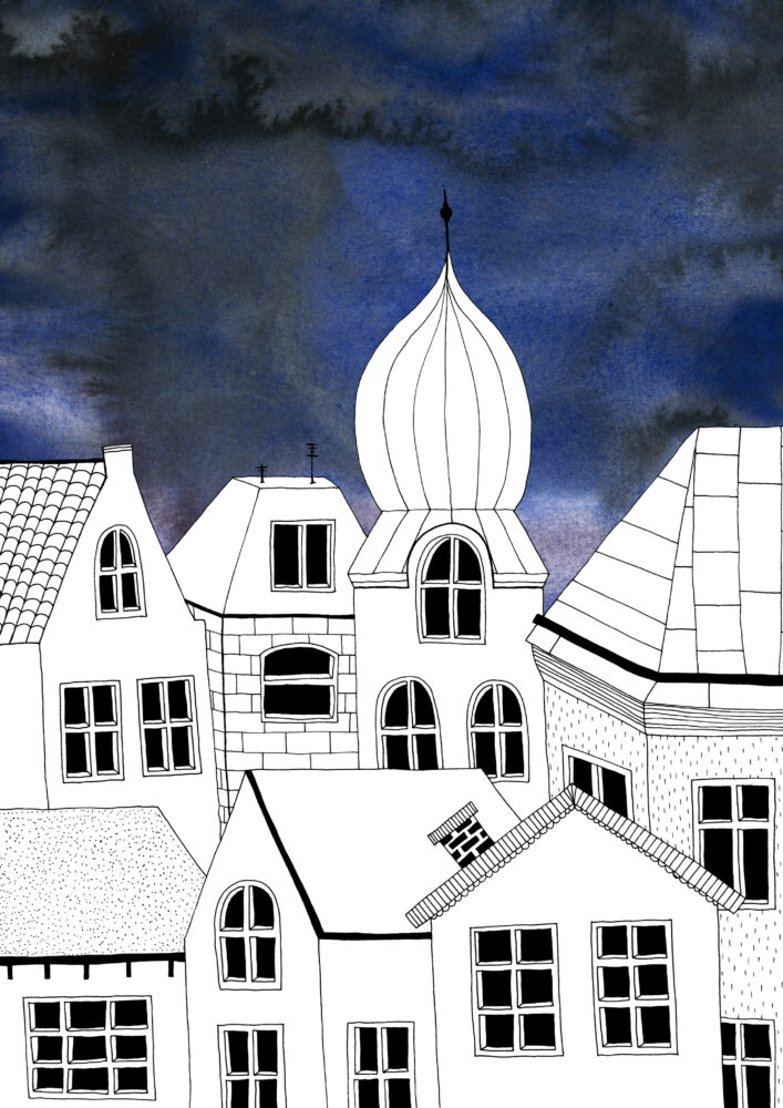 Mysig barnrum print som bjuder in till fantasi och egna tolkningar om vad som försiggår i staden om natten. Stockholms stadssilhuett mot en violettblå natthimmel. Snart vankas det stjärnstoft och månljus och en och annan godnattsaga i storstadshusen. 