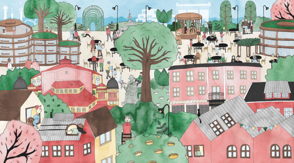Illustration i tusch och akvarell av folkvimmel, stadsmiljö och grönska från Djurgården i Stockholm. Detaljer och byggnader som Cirkus, Bellman-staty och Hotell Hasselbacken är med.
