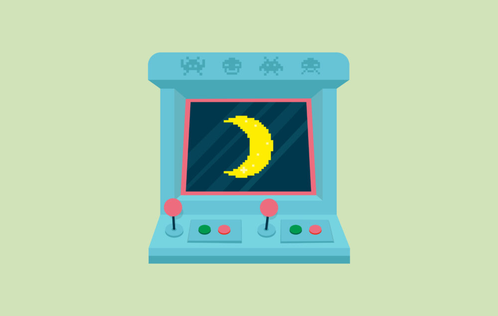 Vektorillustration av en retro spelmaskin med pixelgrafik i mitten.