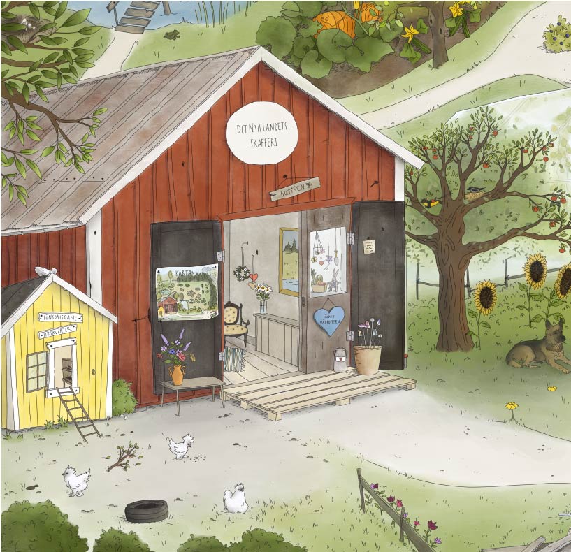 Gårdsbutik med djur och höns