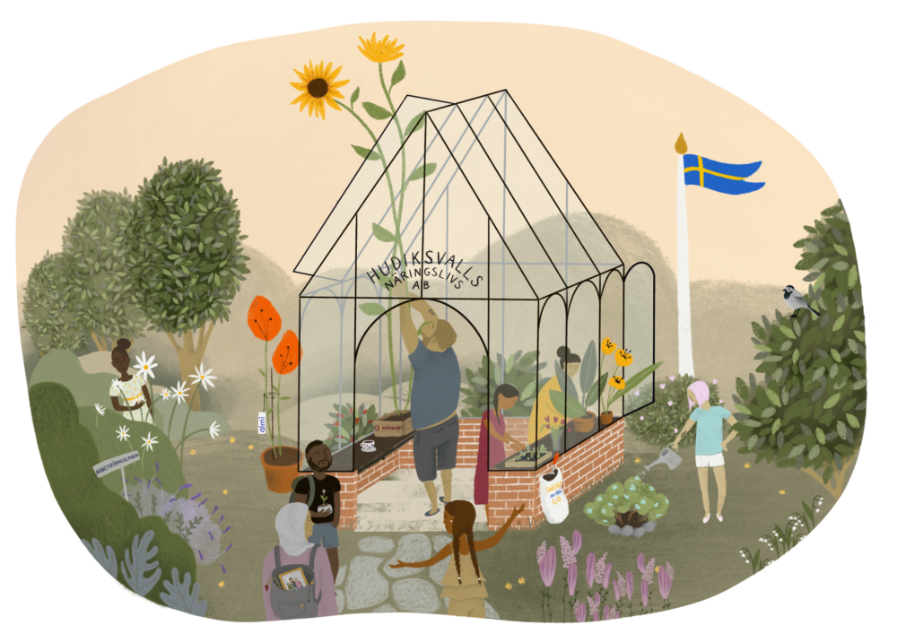 Människor i trädgård och växthus