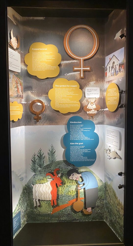 Utställningsdesign av en monter på Falu Gruva. Illustrationer av en get som visar en fattig bonde  malm i marken. en kombination av akvarell och tecknade figurer.