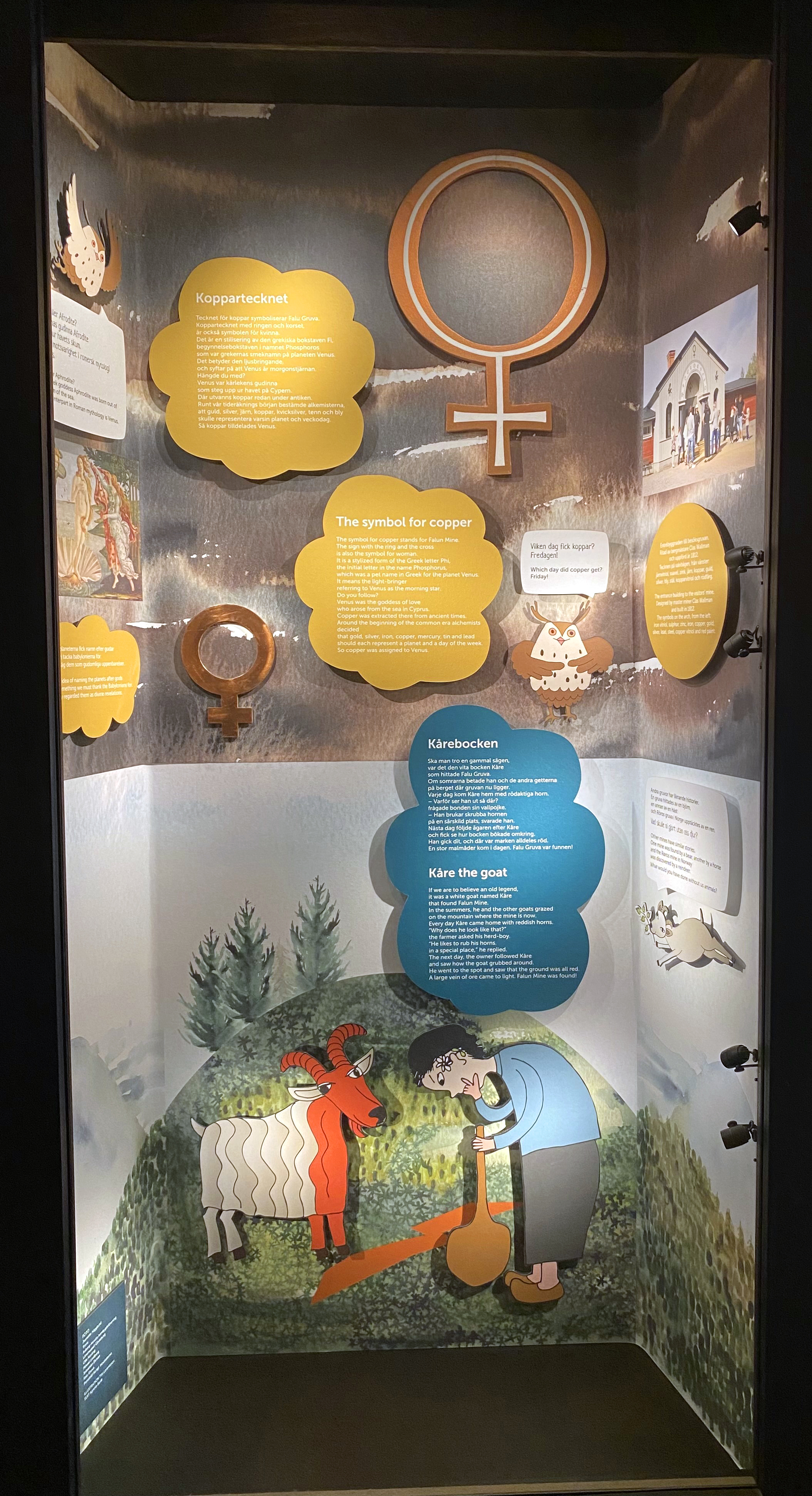 Utställningsdesign av en monter på Falu Gruva. Illustrationer av en get som visar en fattig bonde  malm i marken. en kombination av akvarell och tecknade figurer.