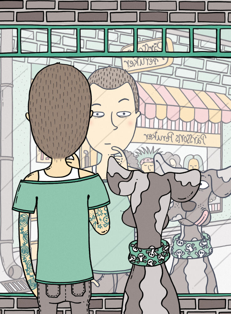 Illustration med kvinna och hund som speglar sig i ett skyltfönster.