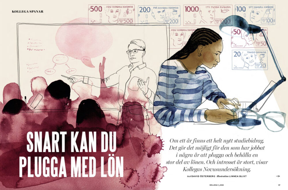 Redaktionell illustration till Kollega. Illustrationen föreställer ett collage av teckning, tuschteckning, tusch och akvarell. Motivet är siluetter och teckning av svart tjej som arbetar framför datorn, föreläsning, publik, pengar. Färgerna är blått, rött och beige.