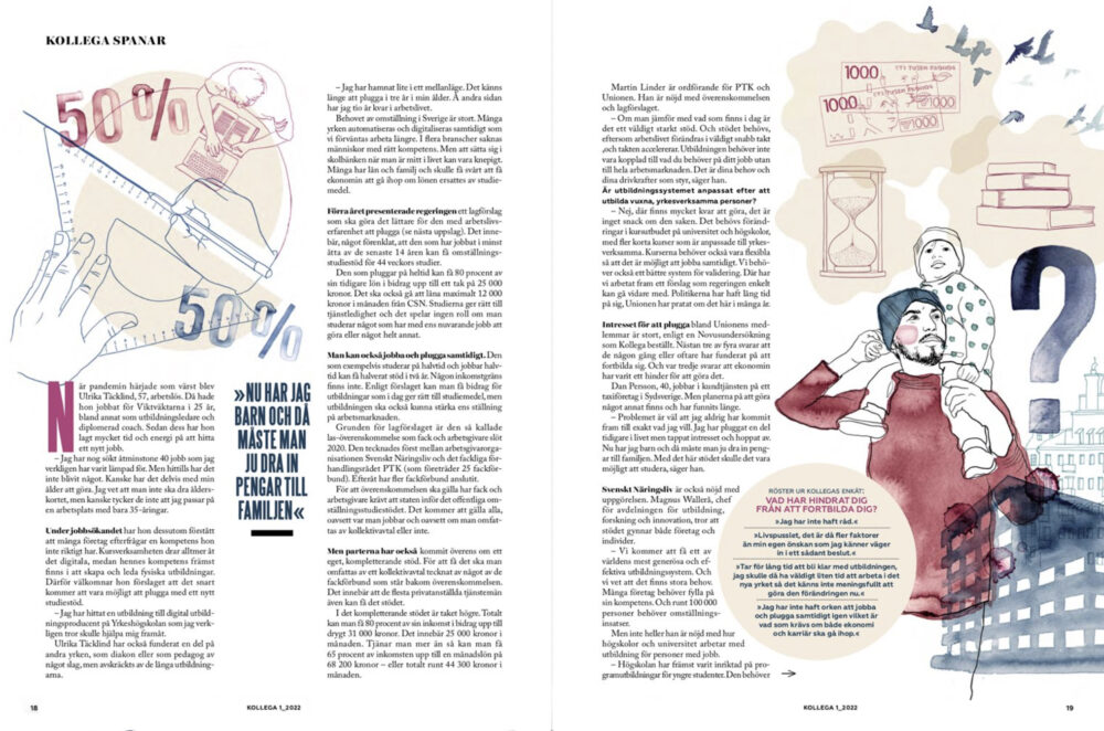 Redaktionell illustration till Kollega. Illustrationen föreställer ett collage av teckning, tuschteckning, tusch och akvarell. Motivet är siluetter och teckning av pappa med barn, hus, händer, siffror, pengar. Färgerna är blått, rött och beige.