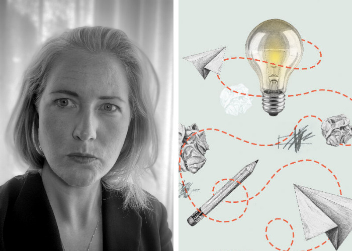 kvinna i svart-vitt och illustration med glödlampor